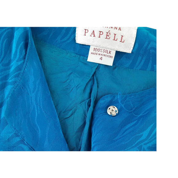 Vintage Adrianna Papell Blue Silk Cropped 3/4 Puff Sleeve Blazer Jacket 4 - Picture 6 of 14